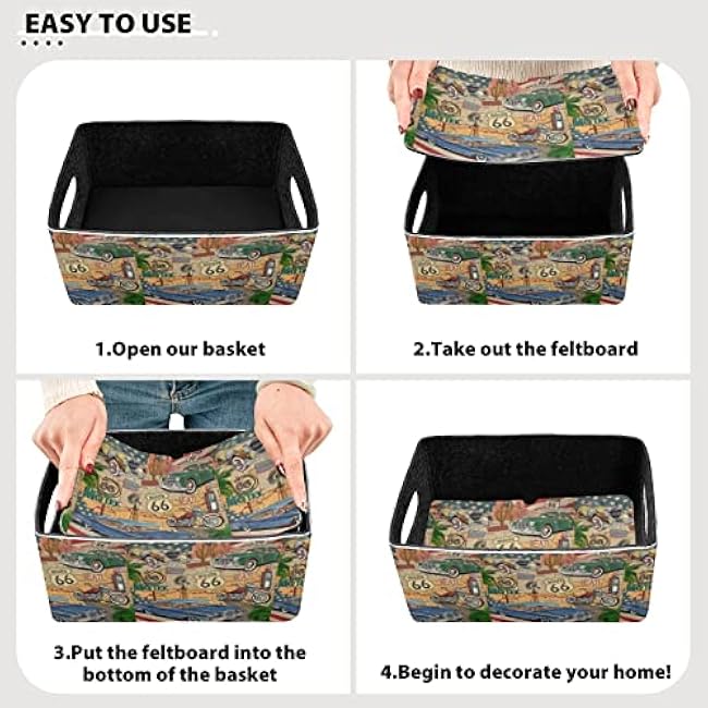 Vintage Route 66 Poster Blue, Yellow, Green Cars Motorcycle USA Flag 2 PCs Rectangle Foldable Felt Storage Bin, Collapsible Cube with Handles Thick Fabric Box Organizer Clothes Supplies for Home
