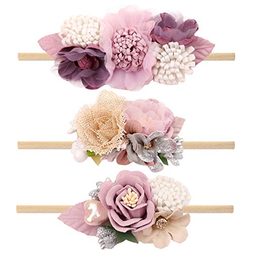 Image of VOBOBE Baby Girl Nylon Headbands Infant Flower Elastic Hair Band Bows Wraps For Newborn Toddler Hair Accessories Pack of 3 (A-Purple)