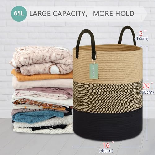 Image of Large Cotton Rope Laundry Hamper for Clothes 65L, Brown & Black | 16 inchx 20 inch, Tall Woven Storage Basket for Nursery, Bedroom & Living Room; Stores Clothes, Blankets, Pillows, Toys & Towels