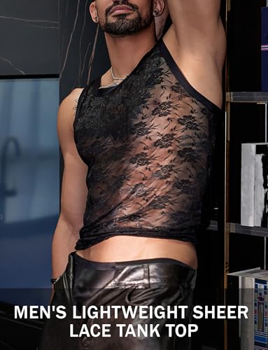 SEAUR Men's Lace Tank Top Sexy Sleeveless Sheer T Shirt Crew Neck Vest See Through Floral Nightclub Party Undershirt4