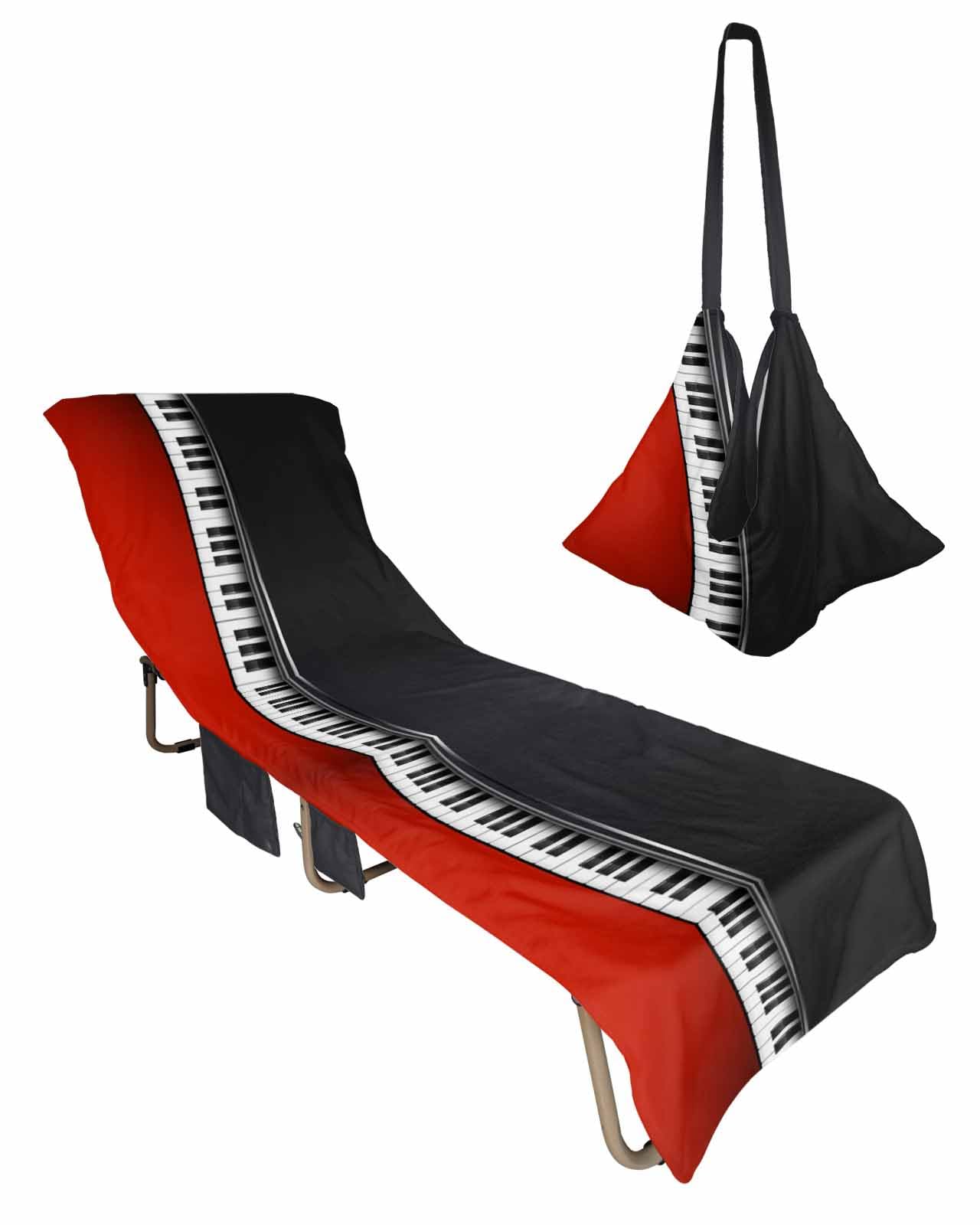 Black Piano Keys Beach Lounge Chair Towel Cover, Soft Chaise Lounge Towel with Side Pockets Patio Pool Chairs Cover for Beach/Pool Sunbathing 29x85 Red Music Musical Notes White Instrument