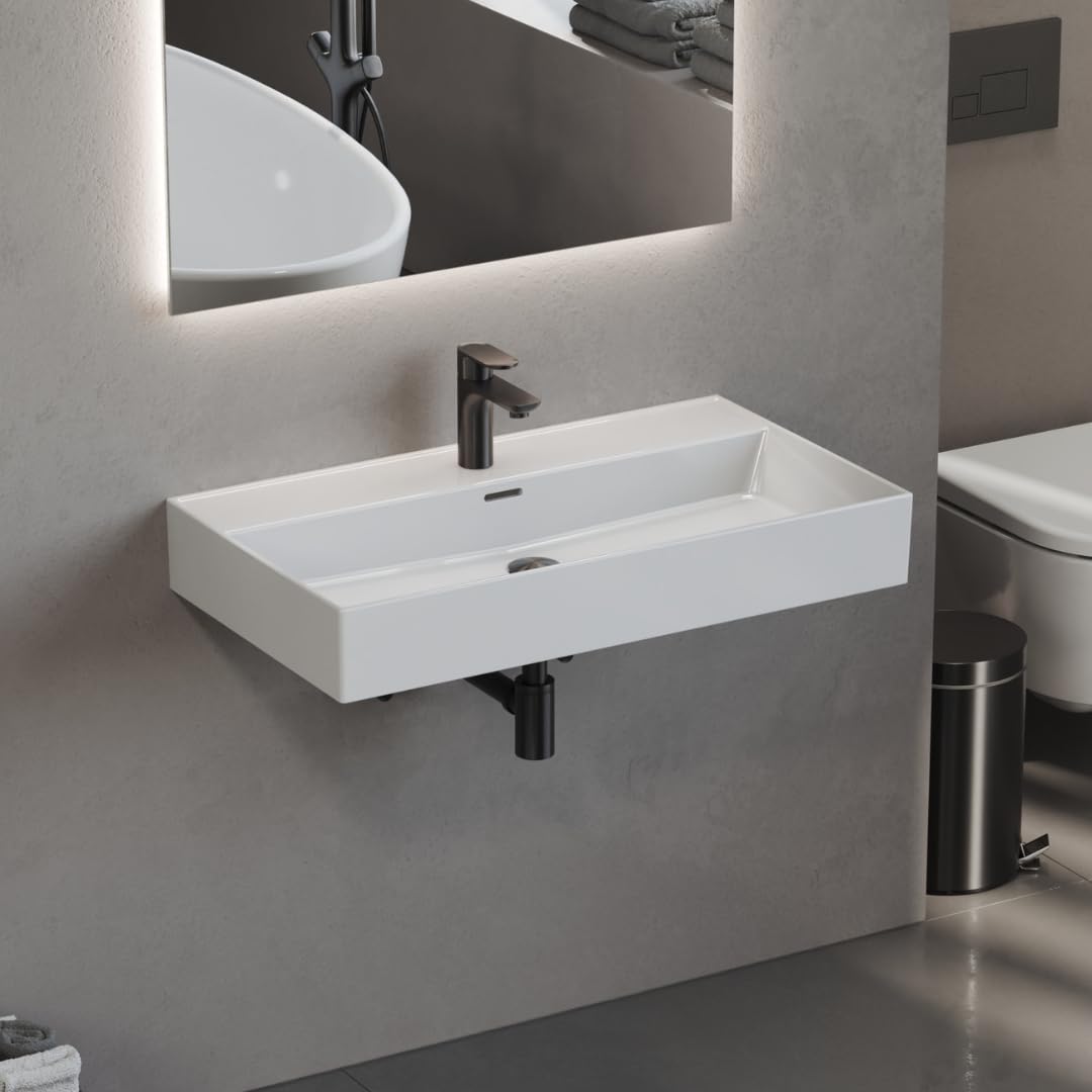 Aqua Bagno lavabo cerámico 80 cm blanco – lavabo encimera rectangular para baño, diseño moderno con borde fino, superficie fácil de limpiar, montaje en pared o sobre encimera | También como lavabo superior, con orificio para grifo, borde fino de 8 mm, mon