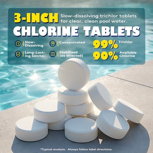 Image of 3 Inch Chlorine Tablets 50 lbs, 99% Trichlor, 90% Available Chlorine, Slow Dissolving Stabilized Pool Sanitizer, Kills Bacteria & Controls Algae for Swimming Pools - 50 Pound