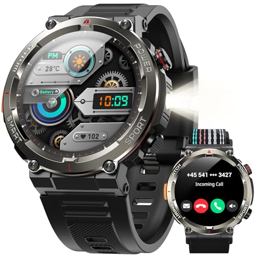 Yxtel Reloj Inteligente Hombre Militar con Linterna LED y Brújula,1.45'Smartwatch Hombre con Llamadas Bluetooth,960mAh,123 Modos Deporte, Monitor Cardíaco 24h/SpO2/Sueño, IP68,2 Correas (iOS/Android)
