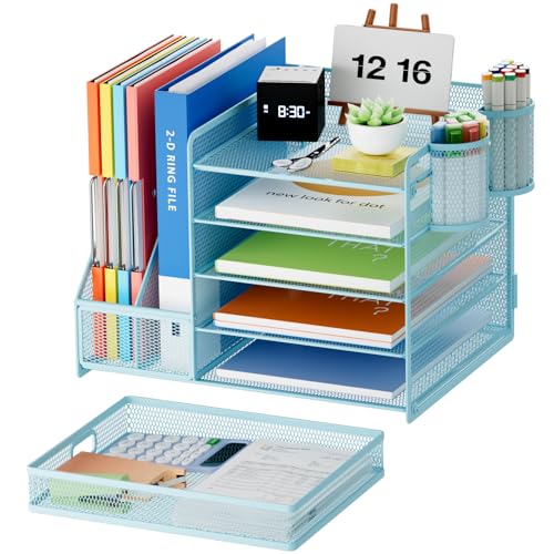 Image of Marbrasse Desk Organizer with File Holder, 5-Tier Paper Letter Tray Organizer with Drawer and 2 Pen Holder, Mesh Desktop Organizer and Storage with Magazine Holder for Office Supplies(Blue)