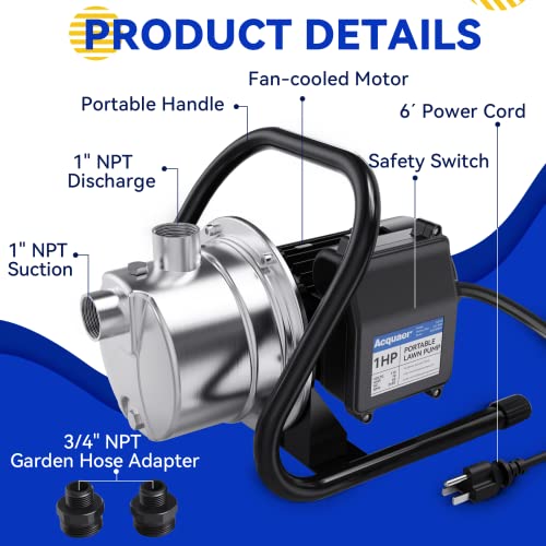 Acquaer 1Hp Portable Shallow Well Pump Garden Pump, Stainless Steel, 998Gph, 115V Sprinkler Pump Water Transfer Draining Irrigation Pump For Water Removal/Lawn Garden #TOP4