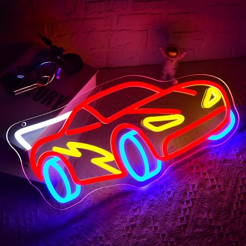 Image of Racing Car Neon Sign for Wall Decor Racing Neon Light for Man Cave Dimmable LED Car Suitable for Room Decor Light Up Bedroom Playroom Birthday Party Gift for Kids Size16.5 * 7.6In(P110)