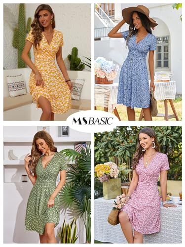 Image of MSBASIC Womens Summer Wrap V Neck Casual Dresses Floral Short Sleeve A-Line Midi Sundress