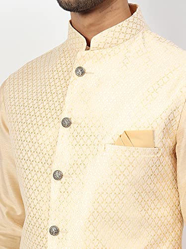 Image of Uri and MacKenzie Men's Silk Blend Regular Kurta Churidar Pyjama with Bundi Nehru Jacket /Waistcoat