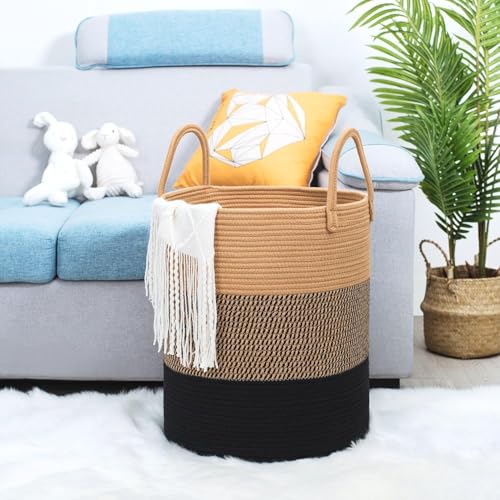 Image of Laundry Basket for Clothes | Cotton Rope Laundry Basket with Handles | Foldable Clothes Storage Basket for Bedroom, Bathroom & Laundry Room | Large Laundry Hamper, 38 x 38 x 46 cm