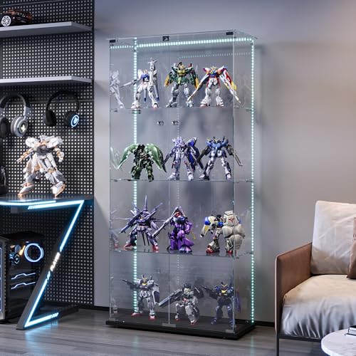 BLSYHDH Vitrina de Cristal de pie con LED, 4 Capas de Cristal, Madera, Cristal, Vitrina de 2 Puertas y Cerradura, Vitrina de Cristal