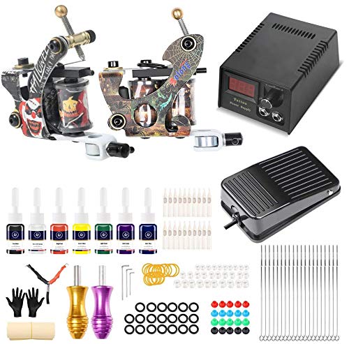 Easytattoo - Kit completo de tatuajes para principiantes, 2 máquinas de tatuaje profesional para pistola de tatuaje, mango de pedal, 7 tintas de colores, fuente de alimentación