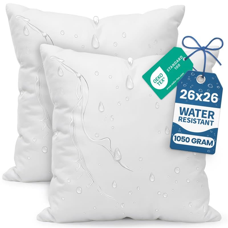 Utopia Bedding Outdoor Pillow Inserts 26 x 26 Inches (Pack of 2, White), Water Resistant Garden Throw Pillows for Patio and Porch Furniture