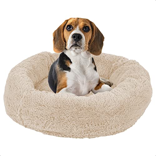 GOLINGO Cama para Perro y Gato Tipo Dona de Peluche Anti Estrés Cama para Perro Redonda Cama Afelpada Beige 60cm