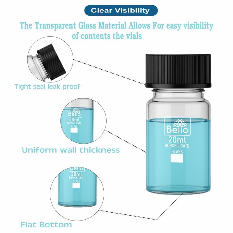 Image of Bello 50pcs 20ml Clear Glass Vials Culture Tube with Screw Caps, PE Stopper, Leak-Proof Glass Bottles Containers for Cosmetics, Perfume Making, Lab, Laboratory - High Borosilicate Glass