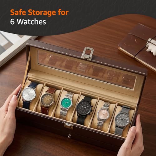 Image of Amazon Basics Sliding Drawer 6-Slot Watch and Jewelry Organizer - Faux Leather & MDF Storage Box for Men and Women, Brown