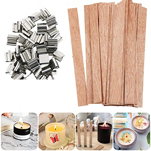 AKOAK 50 Stück Holzkerzendocht, Kerzenherstellung, Kerzendocht, natürlicher rauchfreier und Eisenständer, DIY Kerzenhandwerk (13 x 1,3 cm) Cover