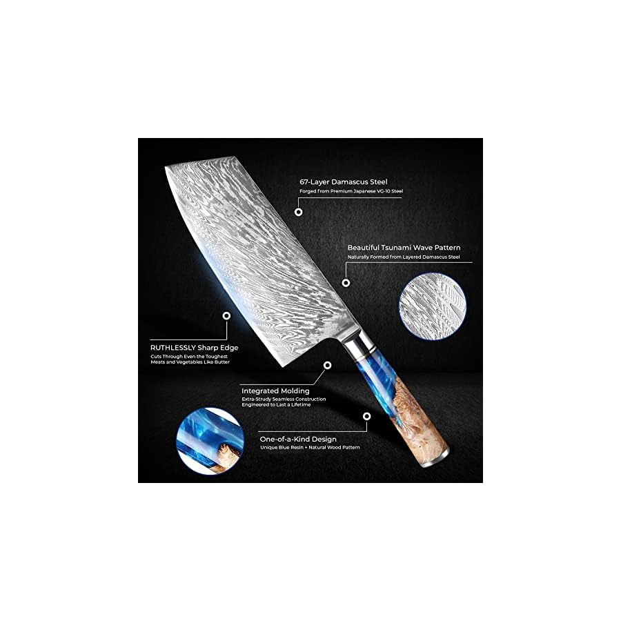 SENKEN Damascus Steel Cleaver Knife - Tsunami Collection - 67-Layer Japanese VG10 Steel - Unique Blue Resin & Natural Wood Handle, Razor Sharp, Beautiful Damascus Wave Pattern (7.5" Cleaver Knife)
