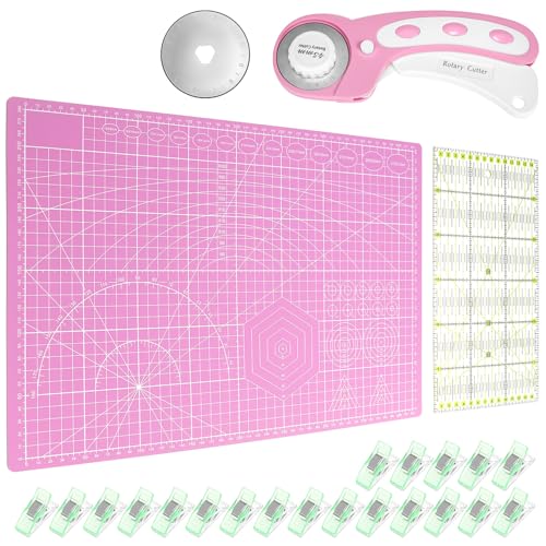QWORK® 45 mm Rollschneider für Stoff Set, A3 Schneideunterlage, Ersatzklingen, Stoffklammern und Patchwork-Lineal, für Schulen Familien