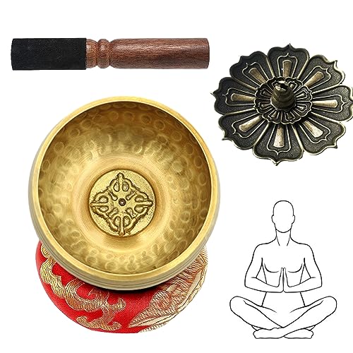 Un Juego de 4 Cuencos Tibetanos de Relajación y Meditación, Cuenco Tibetano de 8 cm Con Mazo De Superficie Doble, Cojín De Seda y Quemador de Incienso, para la Meditación de Atención Plena