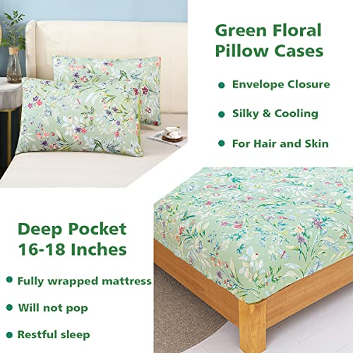 Winlife Green Floral Sheets Set King Size, Extra Long Staple Cotton Percale Bed Sheets Set, Spring Flowers And Butterfly Print, Wrinkle Satin Resistant Deep Pocket 18 Inches Bedding Set #TOP3