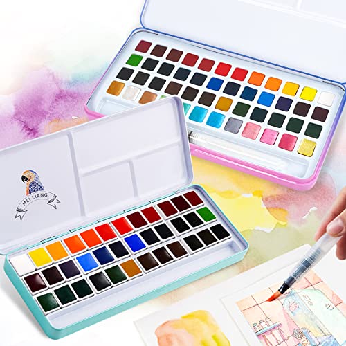2 Pack of MeiLiang Watercolor Paint Set 84 Vivid Colors Includes12 Metallic Glitter Solid Colors in Pocket Box with Metal Ring and Watercolor Brush, Art Gift