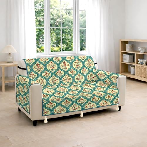 Image of Cloth Fusion 300 GSM Quilted Jaipuri Theme Printed 2 Seater Sofa Cover Mat-Style Fully Covered with Armrest Pockets, Adjustable Straps & Lock Fit (120 cm Seat Run, Floral Damask)