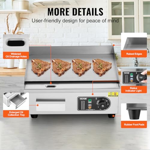 Image of VEVOR Commercial Electric Griddle, 1700W Countertop Flat Top Grill, 18in Stainless Steel Griddle Grill with 2 Shovels and 2 Brushes for Home or Restaurant, 122℉-572 ℉ Adjustable Temp