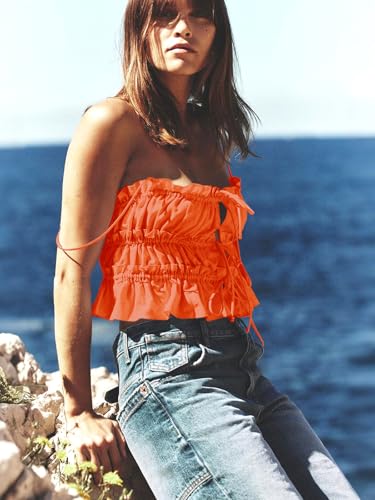 Image of Tankaneo Womens Summer Tie Front Crop Tops Cute Ruffle Ruched Spaghetti Strap Tank Tops Y2K Going Out Shirts