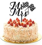 Black Acrylic Racing Wedding Cake Topper,Checkered Flag Cake Decorations, Mr and Mrs Cake Topper,Wedding Cake Decorations