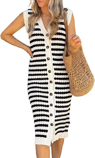 DSAoTeng Vestido de suéter a rayas para mujer, otoño, lindo, sin mangas, cuello en V, cárdigan, vestido midi casual, botones, bloques de color, acanalado, vestido largo para oficina, fiesta, formal,