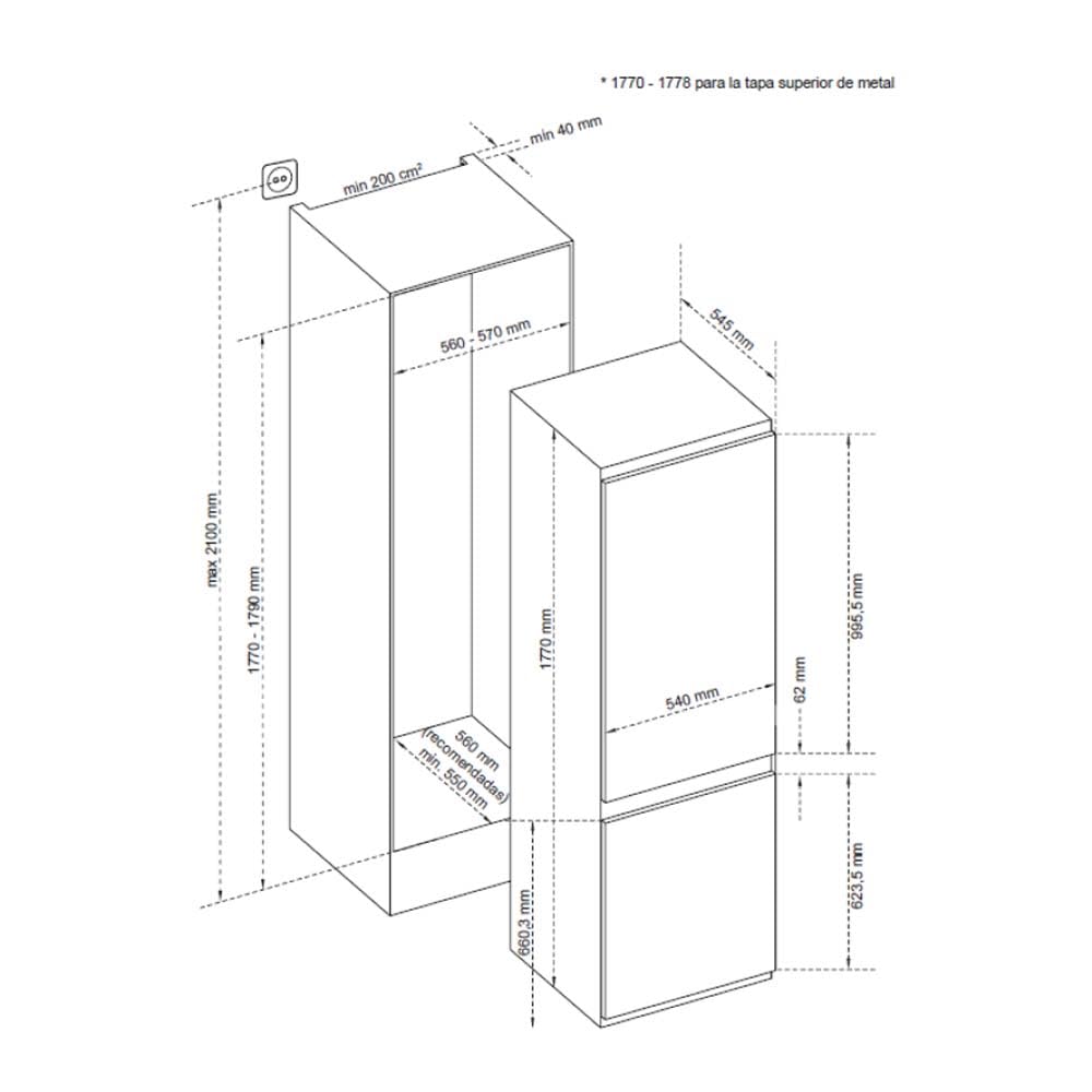 Aspes Frigorífico Combi 2 Puertas Blanco ACI1775500E. Capacidad 251 Litros, No Frost, Multi AirFlow, Puerta Reversible, Bajo Nivel Sonoro, Eficiencia Energética Clase E