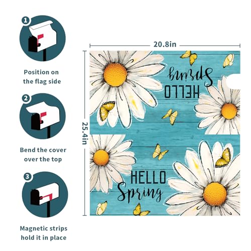 Image of Vintage Spring Floral Mailbox Cover Magnetic Standard Size 25x21 Inch Daisy Flowers Mailbox Cover Spring Holiday Mailbox Cover Decorations Teal Mailbox Wrap Post Letter Box Cover for Outside