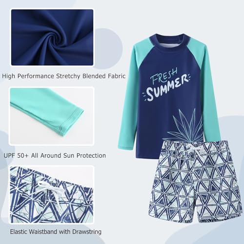 Image of Boys Two Piece Rash Guard Swimsuits Set with Swim Trunk Kids Long Sleeve Bathing Suit Swimwear Set