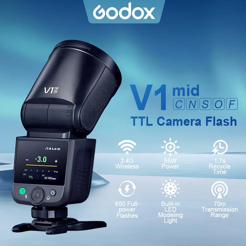Godox V1midC TTL flash sferico per fotocamere Canon, flash da 55 W con 650 flash disponibili, luce pilota a LED da 2 W, HSS a 1/8000 s, tempo di ricarica di 1,7 s, batteria integrata da 2200 mAh