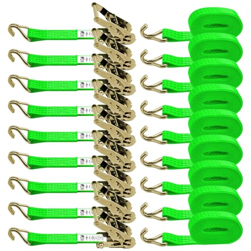 SALUINOKI 1.5 inch Ratchet Straps Heavy Duty 8 Pack 1-1/2 in x 12ft Cargo Load Tie Down Strap Double J Hook Green 2200lbs Working Load for Trucks