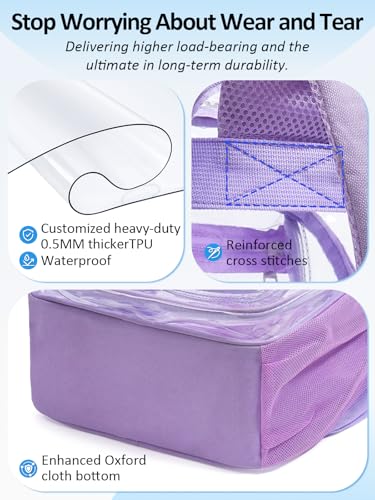 Image of Double-Layer Clear Backpack Heavy Duty, 17 Inch Large Clear Bookbag, Transparent See Through Backpack For School, Work, College, Travel, Sport- Light Purple