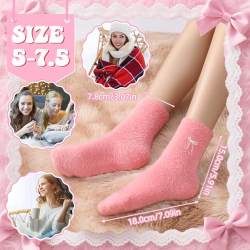 Jspupifip 5 Pairs Bow Fuzzy Socks for Women Cozy Soft Fluffy Slipper Sock Warm Winter Thick Home Sleeping2