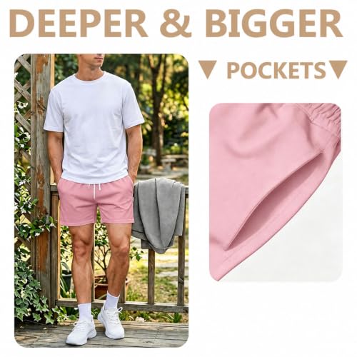 Jeixopu Mens Athletic Sweat Shorts 5 Inch Cotton Casual Fitness Mens Workout Gym Shorts with Pockets (Pink-XXL) - image 5