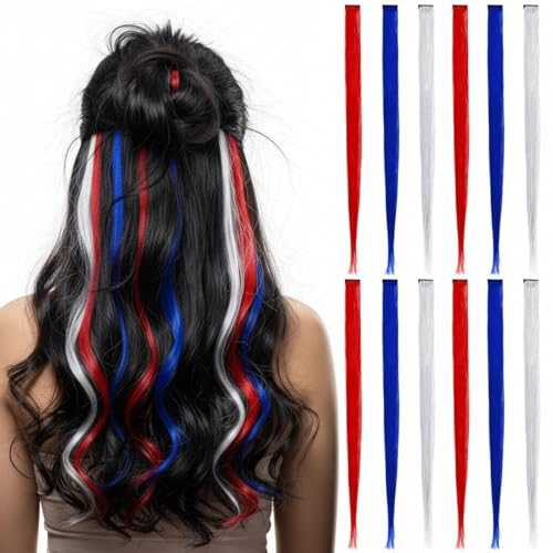 Chuangdi 24 Pcs Red White Blue Hair Extensions 20 Inch Straight Clip in Hair Extensions Synthetic Colored Hairpieces for 4th of July Independence Day Women Favor Cosplay Gift