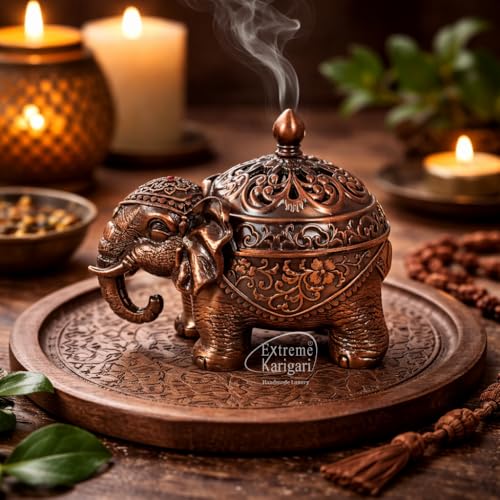 Image of Trunk Down Elephant Incense Cone and Loban Burner, Copper Finish, Handcrafted, Decorative Figurine with Lid, Home Decor, Dhoop Batti and Dhuni Holder for Temple, Meditation