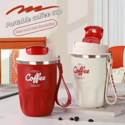 Image of Coffee Vacuum Flask, Portable Coffee Cup with Lid & Handle, Stainless Steel Insulated Water Bottle for Home, Office, and Outdoor Use, Insulated Travel Drinkware, Travel Coffee Mugs (Red,Simple)