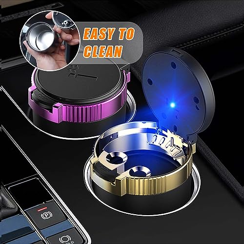 Image of Kewucn Car Ashtray with Lid, Portable & Detachable Smokeless Ashtray, Mini Vehicle Stainless Steel Trash Can with LED Blue Light, Universal Accessories Fits Most Auto Cup Holder (Purple)