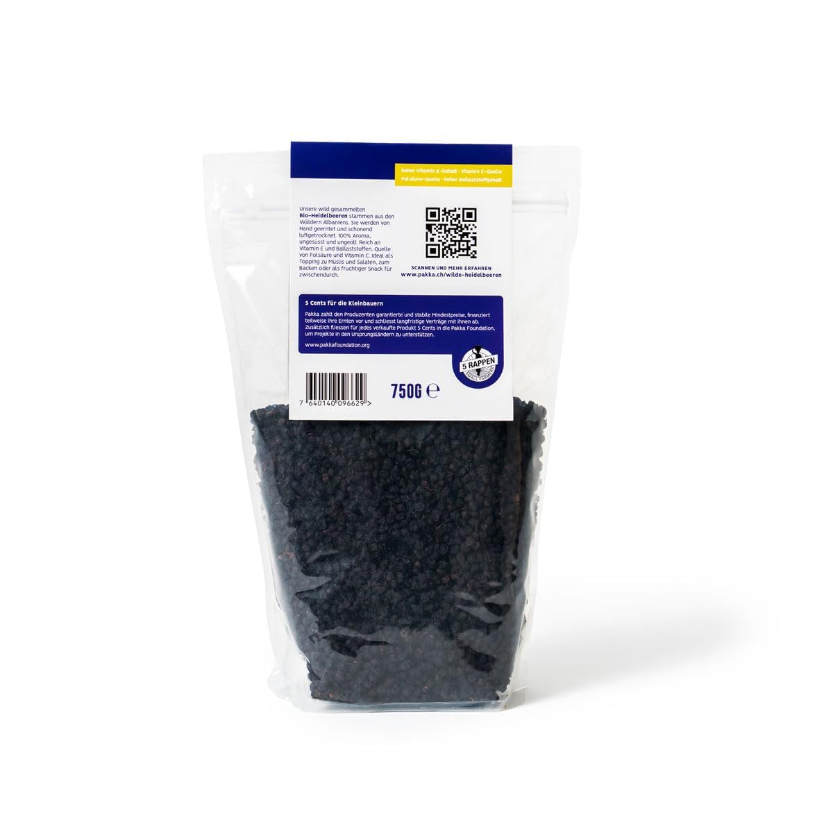 PAKKA - Bio getrocknete Heidelbeeren, Blaubeeren, Blueberries – ungesüßt, naturbelassen und unbehandelt, roh, weich und mürb, direkt von Kleinbauern vom Balkanbebirge, vegan, 750 g (1er Pack)