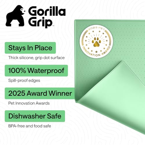 Image of GORILLA GRIP 100% Waterproof Raised Edge BPA Free Silicone Pet Feeding Mat, Dog Cat Food Mats Contain Spills Protects Floors, Placemats for Cats and Dogs Water Bowl, Pets Accessories 32x24 Mint