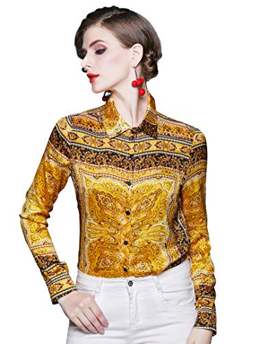 Women's Baroque & Floral Print Blouse Long Sleeve Button up Shirt Top Gold