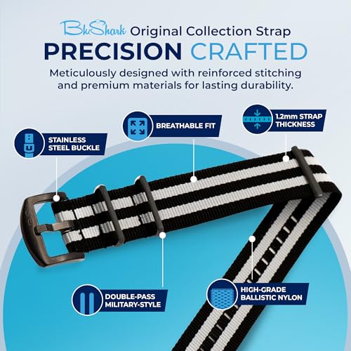 Image of BluShark - Original Collection Military-Style Waterproof Watch Strap, Fits All Timepiece Brands, Durable Nylon Wristwatch Accessories with Stainless Steel Buckle - 18mm, 20mm, 22mm & 24mm Watch Bands