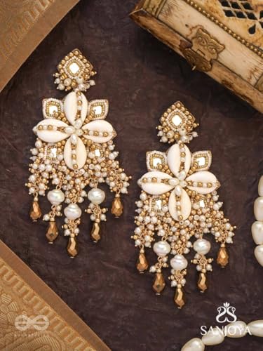 Image of SANJOYA by EVERSTYLISH Hand-Embroidered Statement Earrings for Women | Festive Ethnic Wear | Shell, Bead & Glass Drop Detailing | Lightweight, Gold-Toned Danglers for Weddings, Parties & Gifting