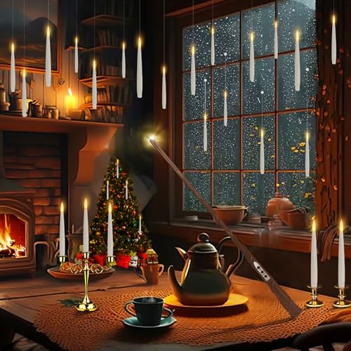KIKILIVE 10 Stück schwebende kerzen schwebende led kerzen floating candles flackernde Flammenlose LED Kerze mit Zauberstab Fernbedienung LED Stabkerzen flammenlose hängende Fensterkerzen