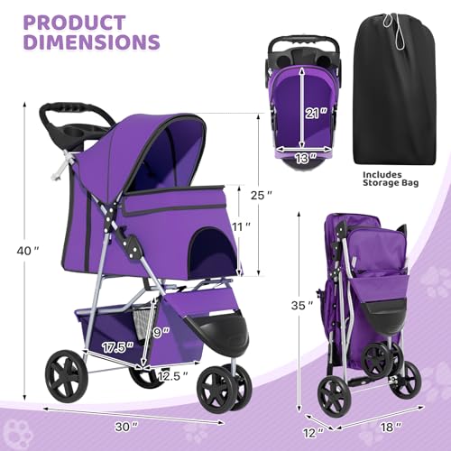 Image of Magshion 3-Wheel Pet Stroller, Foldable Travel Jogger for Small & Medium Dogs & Cats (Up to 33lbs), Lightweight Carrier with Breathable Mesh Cover, Cup Holder & Storage Basket, Purple